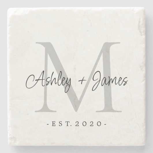 おしゃれなシルバー モノグラム スクリプト 名前 結婚記念日 ストーンコースター (正面)