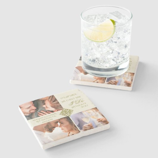 おしゃれなシンプルな3枚の写真付きQRコードでSave The Date ストーンコースター (横)