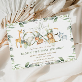 おしゃれなジャングルの動物と緑 1歳の誕生日 ワイルドワン 招待状