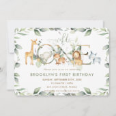 おしゃれなジャングルの動物と緑 1歳の誕生日 ワイルドワン 招待状 (正面)