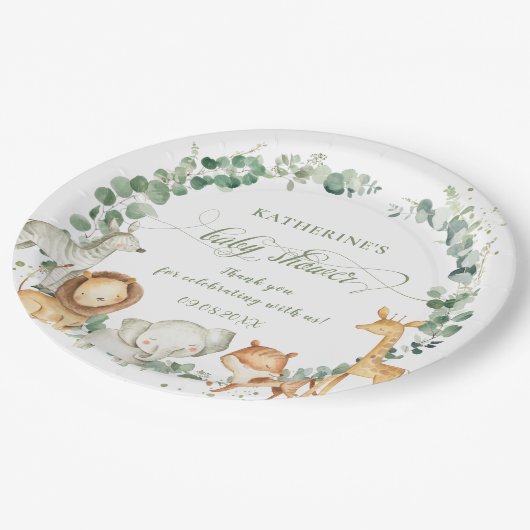 おしゃれなジャングル動物が緑と中性のベビーシャワー   ペーパープレート (アングル)