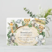 おしゃれなジャングル動物が緑豊かな野生動物1歳の誕生日 招待状 (スタンド正面)