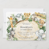 おしゃれなジャングル動物が緑豊かな野生動物1歳の誕生日 招待状 (正面)