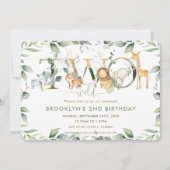 おしゃれなジャングル動物のグリーン 2歳の誕生日 ワイルドすぎる 招待状 (正面)