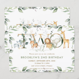 おしゃれなジャングル動物のグリーン 2歳の誕生日 ワイルドすぎる 招待状