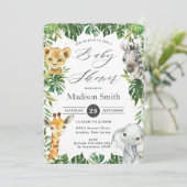 おしゃれなジャングル動物グリーンのサファリ ベイビーシャワー 招待状 (スタンド正面)