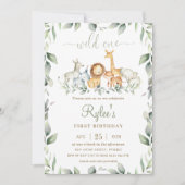 おしゃれなジャングル動物グリーン 1歳誕生日 ワイルドワン 招待状 (正面)