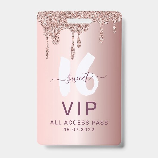 おしゃれなスイート16 グリッター ピンク VIP 誕生日招待状 バッジ (正面)