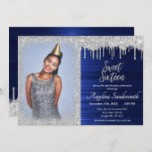 おしゃれなスイート16 シルバー 青 グリッター 輝き 招待状 (正面/裏面)