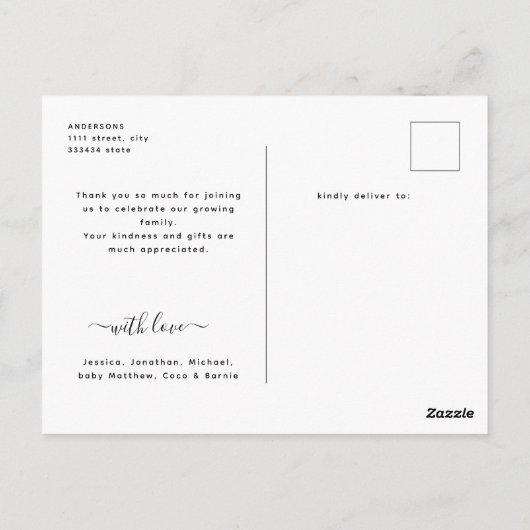 おしゃれなスクエアフォトコラージュ 赤ちゃんの感謝のメッセージカード ポストカード (裏面)