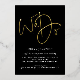 おしゃれなスクリプトのブラック QR コード ゴールドのリアルホイル結婚式 箔招待状