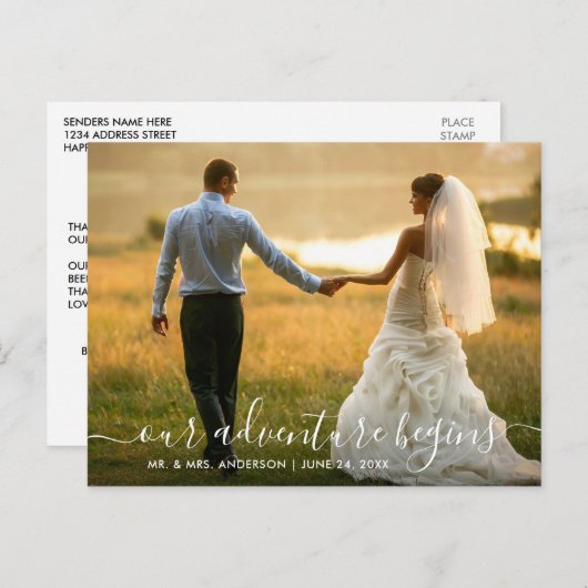 おしゃれなスクリプトの冒険が始まる 結婚式のお礼 ポストカード (正面/裏面)