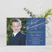 おしゃれなスクリプトの初領聖体招待状 - 青 招待状 (スタンド正面)