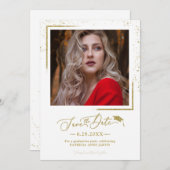 おしゃれなスクリプトの卒業パーティーのお知らせ ゴールドグリッター 招待状 (正面/裏面)