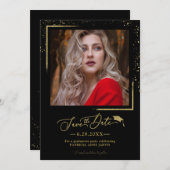 おしゃれなスクリプトの卒業パーティー Save The Date ゴールドグリッター 招待状 (正面/裏面)