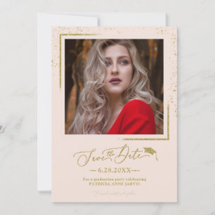 おしゃれなスクリプトの卒業パーティー Save The Date ゴールドグリッター 招待状