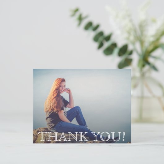 おしゃれなスクリプトの卒業写真感謝メッセージカード ポストカード (スタンド正面)