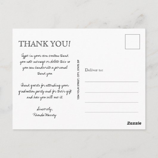 おしゃれなスクリプトの卒業写真感謝メッセージカード ポストカード (裏面)