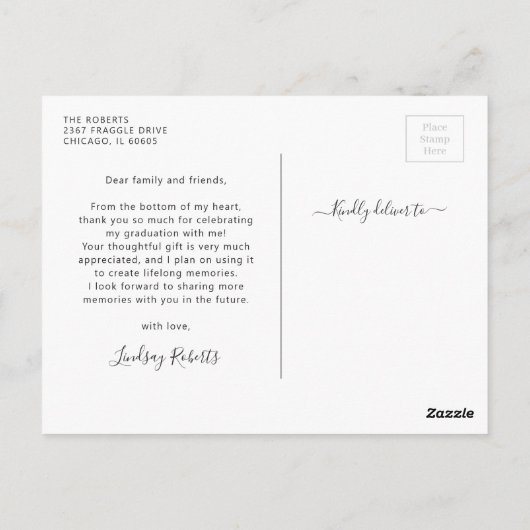 おしゃれなスクリプトの卒業写真感謝メッセージカード ポストカード (裏面)