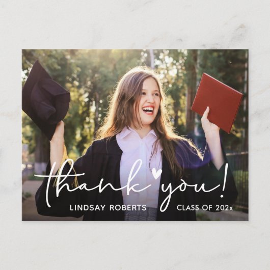おしゃれなスクリプトの卒業写真感謝メッセージカード ポストカード (正面)