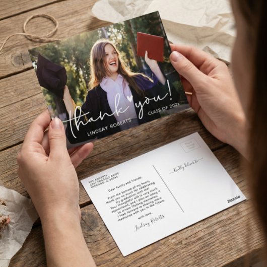 おしゃれなスクリプトの卒業写真感謝メッセージカード ポストカード