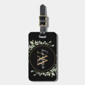 おしゃれなスクリプトグリーン ゴールドモノグラム ブラック ラゲッジタグ (正面縦)