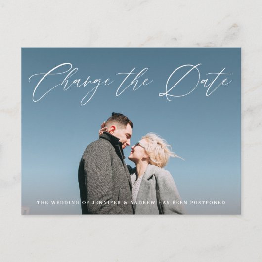 おしゃれなスクリプト写真 挙式日を変更 案内ポストカード (正面)