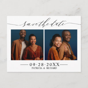 おしゃれなスクリプト結婚式Save The Date 2枚の写真コラージュ ポストカード