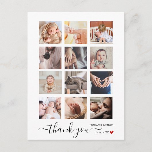 おしゃれなスクリプト12枚の写真コラージュ ベビーシャワー感謝メッセージカード ポストカード (正面)