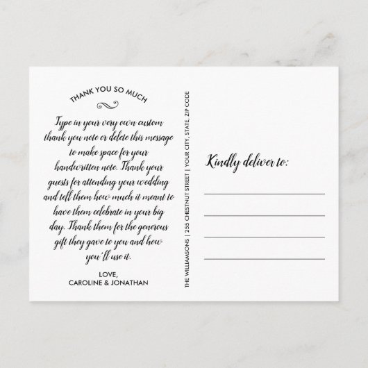 おしゃれなスクリプト4枚の写真コラージュ結婚式の感謝カード ポストカード (裏面)