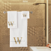 おしゃれなスクリプト モダン ホワイト ゴールド モノグラム 名前 バスタオルセット