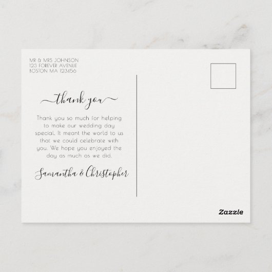 おしゃれなスクリプト 現代の写真コラージュ 結婚式のお礼 ポストカード (裏面)