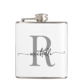 おしゃれなスクリプト 現代風 白 灰色 モノグラム 名前 フラスク (正面)