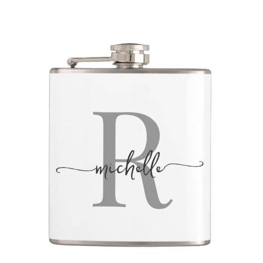 おしゃれなスクリプト 現代風 白 灰色 モノグラム 名前 フラスク (正面)