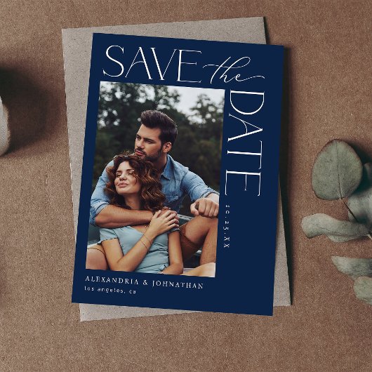 おしゃれなスタイリッシュなモダン写真 Save the Date 2 ネイビーブルー 招待状
