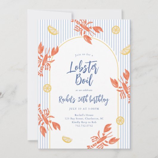 おしゃれなストライプのロブスター煮込みパーティー 招待状 (正面)