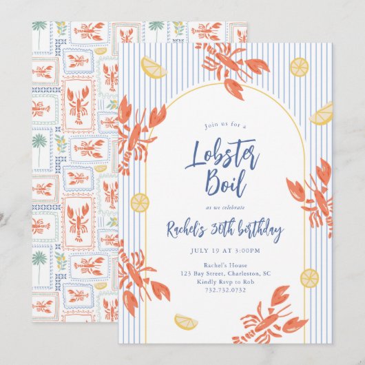 おしゃれなストライプのロブスター・ボイル・シーフード・フィースト 招待状 (正面/裏面)