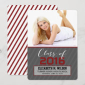 おしゃれなストライプの卒業お知らせ（赤） 案内状 (正面/裏面)