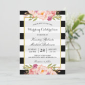 おしゃれなストライプの花柄ゴールド結婚式のお祝い 招待状 (スタンド正面)