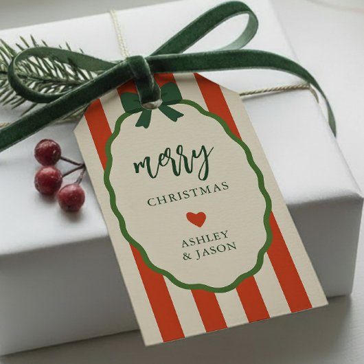 おしゃれなストライプの赤と緑のレトロなクリスマス ギフトタグ