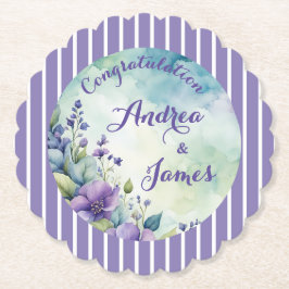 おしゃれなストリップド ラベンダーとフラワーリーフ ペーパーコースター