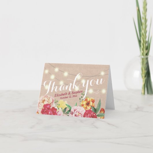 おしゃれなストリングライトとリネンの花柄ウェディングサンクスカード サンキューカード (正面)