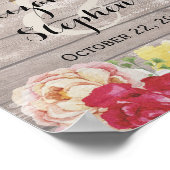 おしゃれなストリングライトと天然の木目調の背景に花モチーフのウェディングサイン ポスター (角)