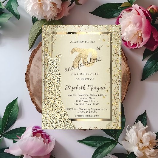 おしゃれなスパンコールドレス 金色 70歳の誕生日 招待状