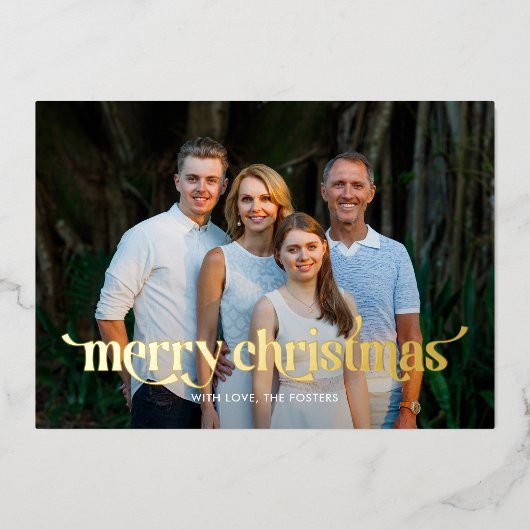 おしゃれなスワッシュ REAL FOIL 現代的クリスマス写真カード 箔シーズンカード (正面)