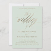 おしゃれなセージグリーンと偽のゴールドカリグラフィー結婚式 招待状 (正面)