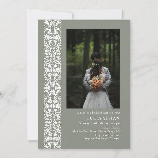 おしゃれなセージグリーンのミニマルフォト ブライダルシャワー 招待状 (正面)