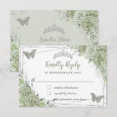 おしゃれなセージグリーンの花のシルバー XV 15 16歳の誕生日パーティー 出欠カード (正面/裏面)