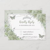 おしゃれなセージグリーンの花のシルバー XV 15 16 キンセアニエラ 出欠カード (正面/裏面)