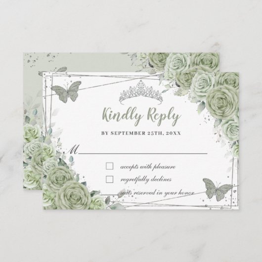 おしゃれなセージグリーンの花のシルバー XV 15 16 キンセアニエラ 出欠カード (正面/裏面)